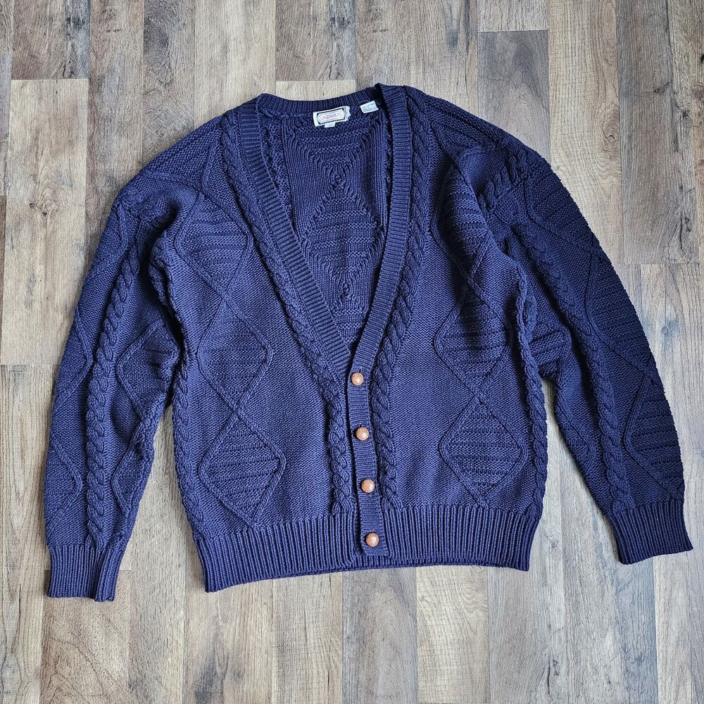 Vintage Lazarus Mens Large Blue 100% Cotton Aran Cable Knit Cardigan Grandpa